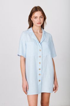 "FREJA is a short sleeve linen minis shirt dress. DETAILS - Fits true to size - Short sleeve - Label collar - Mini length - Small coconut buttons closure - 100% lightweight European linen fabric - Cut and sewn to order just for you in our studio COLOR - Baby Blue, you can also choose other colors above - Fabric samples are available here https://www.etsy.com/listing/586569696/linen-fabric-samples SIZING & FIT - Relaxed, loose fit - Model is 5'10\" / 178cm tall and wears size XS CARE FOR LINEN - Day Out Short Sleeve Shirt Dress With Placket, Summer Short Sleeve Button Shirt Dress, Short Sleeve Shirt Dress For Day Out, Short Sleeve Shirt Dress With Button Closure For Summer, Spring Shirt Dress With Pockets And Short Sleeves, Rolled Short Sleeve Shirt Dress For Day Out, Casual Short Sleeve Shirt Dress With Rolled Sleeves, Casual Short Sleeve Shirt Dress With Buttons, Relaxed Fit Short Sleeve Shirt Dress For Day Out