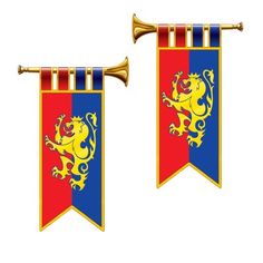 two red, blue and yellow flags with gold handles