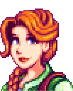 an image of a woman with red hair and green shirt in pixel art style on white background