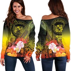 polynesian-hawaii-womens-off-shoulder-sweater-humpback-whale-with-tropical-flowers-yellow Off Shoulder Sweatshirt, Federated States Of Micronesia, Flowers Yellow, Humpback Whale, Off Shoulder Sweater, Sweater Making, Tropical Flowers, Shoulder Sweater, Polished Look