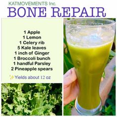 a person holding up a green drink in front of their face and the words bone repair on it