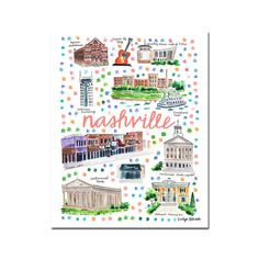 a poster with the words nashville on it and pictures of buildings in different colors, shapes and sizes