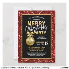 merry christmas party card with gold and red glitter