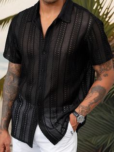 Men's Jacquard Mesh Half Transparent Short Sleeve Shirt , Casual Summer Hawaiian Baggy Button Up Lace See Through Plain Black Vacation Beach Black   Short Sleeve Fabric   Non-Stretch  Men Clothing, size features are:Bust: ,Length: ,Sleeve Length: Men’s Sheer Shirt, Men’s Rave Fits Summer, Mens Mesh Shirt Outfit, Men Button Up, Hot Mens Fashion, Beach Club Outfit Men, Hawaii Outfits Men, Patterned Shirt Men, Lace Shirt Men