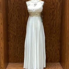 New With Tags Gold Jewel Decorative Shoulder Pleated White Empire Waist Maxi Dress For Party, White Empire Waist Party Dress, Elegant White Empire Waist Gown, White Empire Waist Dress For Prom, White Formal Dress With Empire Waist, Navy Blue Sparkly Dress, Deco Wedding Dress, Art Deco Wedding Dress, Blue Sparkly Dress