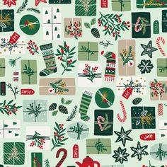 a green and red christmas pattern with many different items on the ground, including trees, stockings