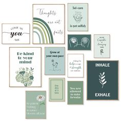 a bunch of cards that have different sayings on them, all in green and white