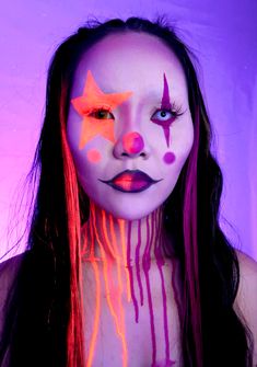 UV, ultraviolet, uv makeup, clown, clown makeup, clown girl, makeup look, makeup ideas, makeup tutorial, makeup inspiration, YouTube, YouTube tutorial Glow In The Dark Clown Makeup, Freakshow Makeup, Uv Makeup Ideas, Theatrical Clown Makeup, Clown Makeup Red And Black, Clown Inspired Makeup, Scary Neon Clown Makeup, Clown Room