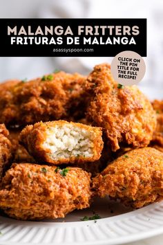 some fried food on a white plate with the words maangaa fritters frituras de managa