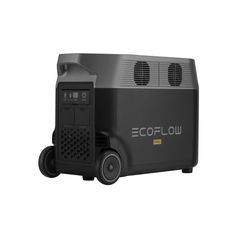 the ecoflowe air compressorer is shown in black and silver, with wheels on each side