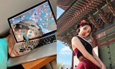 a woman with makeup on her face next to a laptop and an image of a human head