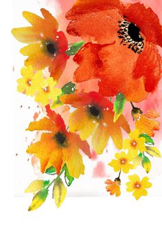 an orange and yellow flower on a pink background with watercolor paint splashing over it