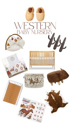 baby nursery items including shoes, crib, blanket and other items are arranged in the shape of an animal