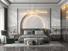 a modern bedroom with a circular light above the bed