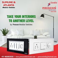 an advertisement for a new electrical company with a couch in the center and power strip on the wall