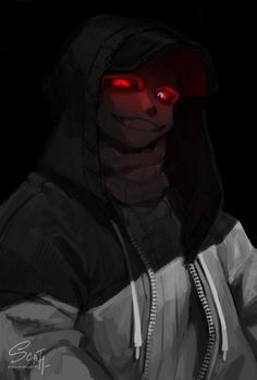 a drawing of a person wearing a hoodie and glowing red eyes in the dark