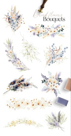 watercolor flowers and leaves are shown in this graphic style, with the words bouquets written