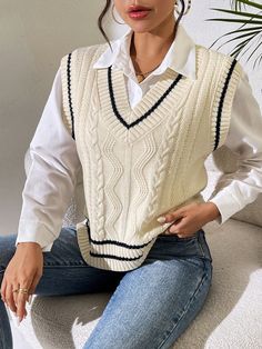 Women's Casual Daily-Wear Simple Knit Sweater Vest Apricot    Fabric   Slight Stretch  Women Clothing, size features are:Bust: ,Length: ,Sleeve Length: Knit Vest Outfit, Preppy Mode, Sweater Vest Outfit, Chaleco Casual, Cable Knit Vest, Looks Pinterest, Business Casual Outfits For Women, Sweater Vest Women, Vest Outfits