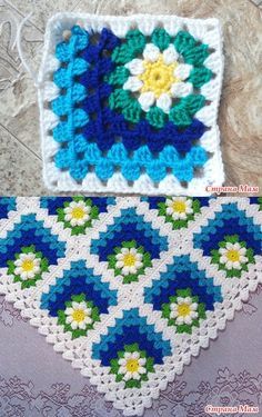 two crocheted squares, one blue and the other green with flowers on them