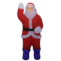 a christmas ornament with a santa clause on it's chest and arms in the air