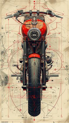 a drawing of a red motorcycle on top of a sheet of blueprint with lines