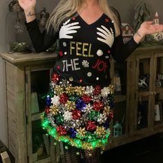 Entirely Homemade! ‘Feel The Joy’!! Skirt Has Lights And Bells, Too! A Guarantee Laugh At Any Holiday Party!! Only Worn Once, For A Couple Of Hours. Ugly Christmas Outfit, Ugliest Christmas Sweater Ever, Ugly Christmas Sweater Outfit, Funny Christmas Outfits, Christmas Sweater Outfits, Diy Ugly Christmas Sweater, Crazy Outfits, Ugly Sweater Party, Christmas Outfits