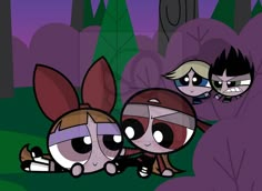 the powerpuff girls cartoon characters in front of trees