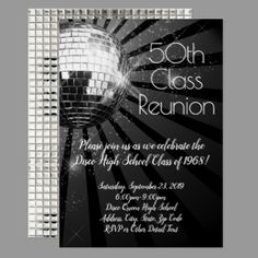 an elegant black and white disco ball birthday party personalized announcement card with the words,'50th class reunion please you as we celebrate