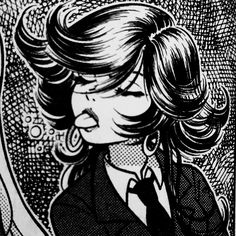 a black and white drawing of a woman with her hair blowing in the wind, wearing a suit