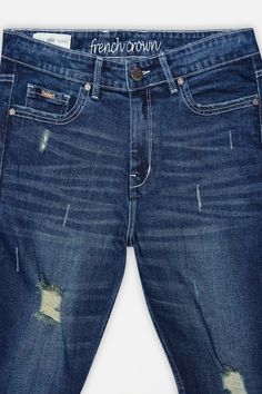 Discover the perfect balance of style and comfort in our Cloud Burst Blue Whiskering Wash Mildly Distressed Denim. These jeans redefine your casual cool look with their unique blend of style and comfort. Get ready to turn heads and stand out from the crowd with these urban-inspired, subtly distressed jeans. 98% cotton and 2% elastane: it’s really tough and abrasion-resistant. The fabric has a great 4-way stretch allowing unrestricted movement in any activity. Construction: Triple chain stitch in Big King, Jeans For Men, Chain Stitch, Shirt Sale, Distressed Jeans, Distressed Denim, Custom Fit, Cotton Shirt, Daily Wear