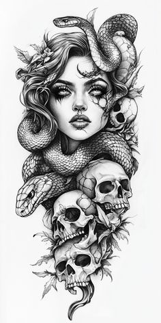 a drawing of a woman with skulls and snakes on her head, in the shape of a