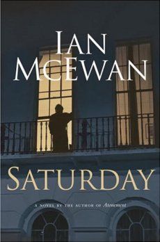 the book cover for saturday by jan mcewan, with an image of a man standing on top of a balcony