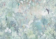 an artistic wallpaper with birds, flowers and plants in pastel colors on a green background