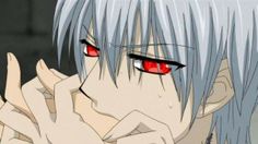 an anime character with white hair and red eyes holding his hand up to his face