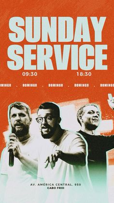 the poster for sunday service with two men singing and holding a microphone in front of them