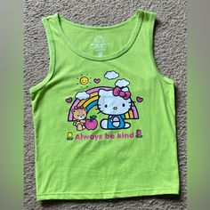 Nwot Size Med Neon Green Kitty Tank Top Summer Tees Sanrio Always Be Kind Vacation Tee Swim Suit Cover Up Top Beach Wear Pairs Well W Jean Shorts Sleeveless Hello Kitty Print Top, Summer Multicolor Cat Print Tops, Multicolor Cat Print Tops For Summer, Cute Green Top With Cartoon Print, Kawaii Sleeveless Tops For Spring, Spring Kawaii Sleeveless Tops, Multicolor Cat Print Cotton Tops, Green Cotton Y2k Tank Top, Kawaii Fitted Sleeveless Top