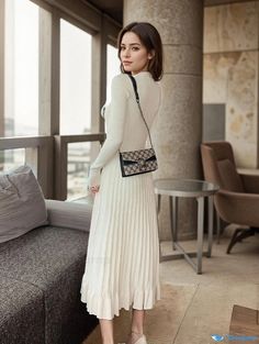 Orcajump - Stylish Knitted Sweater Dress with Large Collar, Long Sleeves, Flared Hem, and Button Embellishments Knitted Sweater Dress, Button Embellishments, Basic Skirt, Knit Sweater Dress, Ruffle Skirt, Types Of Skirts, Knitted Sweater, Types Of Collars, Embellishments