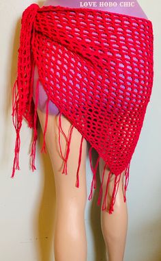 Hot Pink fishnet mesh lace crochet triangle shawl/sarong with fringe. The pattern is open and light, perfect for a beach cover up, or a light spring neck or head scarf. You can wear it over your shoulders 1970's style, or wrap around your neck, Buffalo Bill style. There is also the option of wrapping it around your waist as a cover-up over swimwear, this is a very versatile piece, could be handy to have in your wardrobe ;). It is made with a light 100% cotton yarn, in a Hot Pink color Measures 65" X 30" not including the fringe, each fringe is about 7" long This item is washable, and durable. For best results wash as follows:  Gentle wash in cold Hang dry or dry flat This item is handmade with love by me! Check out my more wraps and other items at my shop here: https://www.etsy.com/shop/Lo One Size Beach Shawl With Fringe, Summer Shawl With Fringe, Summer Fringe Shawl, Fringed Shawl For Summer Festivals, Bohemian Crochet Lace Shawl For Summer, Bohemian Shawl For Summer Beach, Bohemian Shawl For Beach In Summer, Bohemian Shawl For Summer Beach Outing, Bohemian Summer Beach Shawl