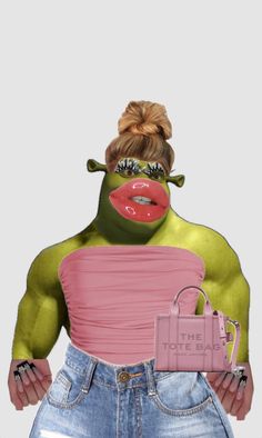 a woman in a pink shirt and jeans holding a bag with her face painted like a frog