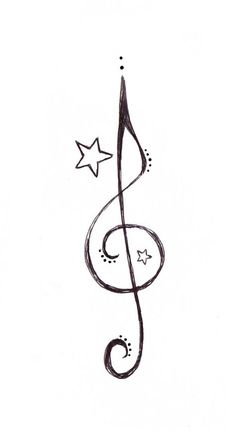 a pen drawing of a musical note with stars on it's side and the word music written in cursive writing