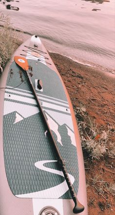 a close up of a surfboard laying on the ground near water and grass with an orange paddle sticking out of it