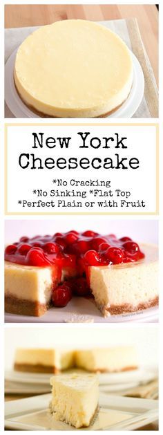 new york cheesecake with cherry topping on top and the words, no baking left to perfect plain or with crust