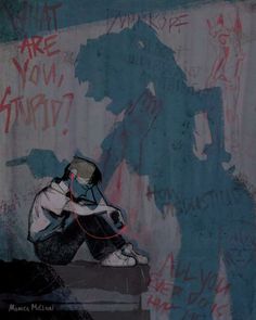 a drawing of a man sitting on top of a table next to a wall covered in graffiti