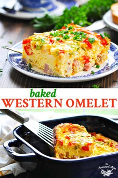 baked western omelet in a casserole dish on a plate with a fork