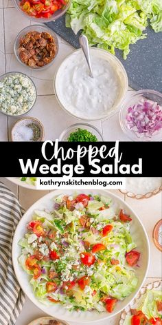 chopped wedges salad with dressing in bowls on the side and an image of lettuce