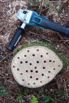 an electric drill is laying on the ground next to a tree stump with holes in it