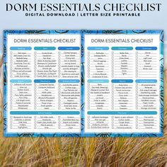 the printable dorm essentials checklist is shown in front of some tall grass