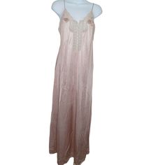 Vintage 70s Flair Long Slip Dress Nightgown M Pink Nylon Lace Low Back Union Tag Made In Usa Stunning Nightgown With Lace Up Bodice Spaghetti Straps Tag Size: Medium = Modern Small Light Taupe/Pink Length 45 Inches (Downside Seam) Underarms 15 Inches Across Waist 26 Inches Hips - Free Fabric Nylon No Defects Noted Item#0600/042121 Slip Nightgown, Long Slip Dress, Long Slip, Satin Slip, Vintage Lingerie, Free Fabric, Low Back, Vintage 70s, Night Gown