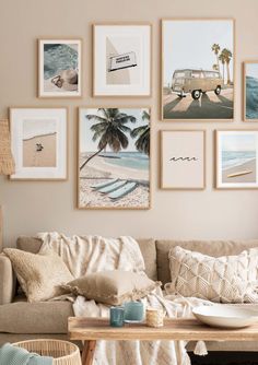 a living room filled with lots of pictures on the wall above a couch and coffee table