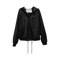 A sporty vegan leather oversized anorak jacket with a Neutro mood and zip detail. A hot item for the 2019 season that reflects street mood and athlete trends. Designed in one color with minimalist design for a sophisticated sporty look. With a string of the same color zippers. Model is in MINUSEY ONE SIZE. Please allow 5-12 business days to ship when in restocking. * MINUSEY ONE SIZE = EU 34-36, US 2-6* 100% Polyester* Dry clean* Made in Korea - Model Height: 172cm/5'7" (US 2, EU 34) Spring Sporty Leather Jacket For Streetwear, Sporty Leather Jacket For Spring Streetwear, Hooded Techwear Leather Jacket For Streetwear, Modern Black Windbreaker For Fall, Sporty Leather Jacket For Fall Streetwear, Edgy Outerwear With Drawstring Hood For Fall, Edgy Fall Outerwear With Drawstring Hood, Spring Leather Jacket With Hood For Streetwear, Hooded Leather Jacket For Spring Streetwear